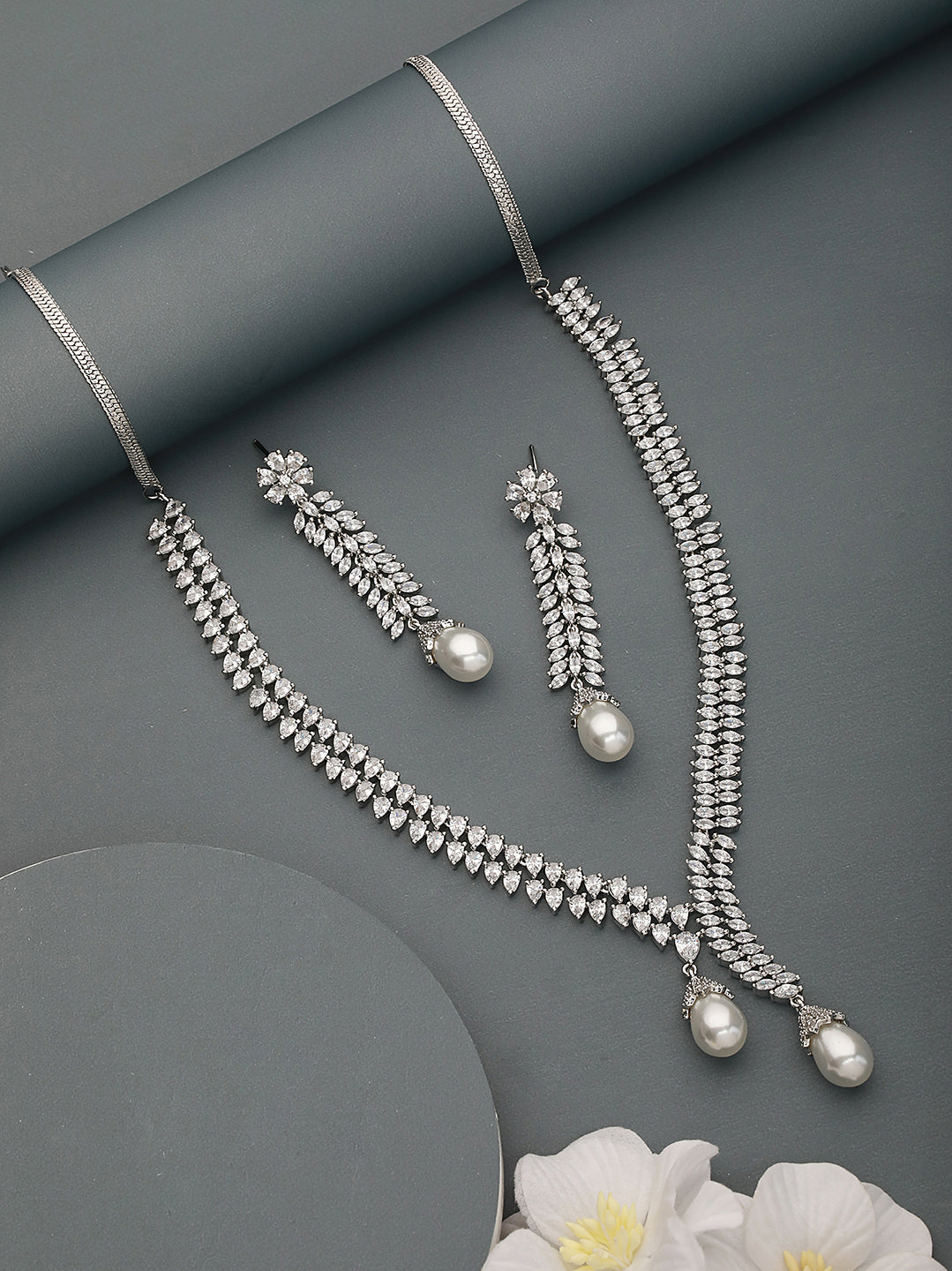 Silver Toned CZ Studded & Pearl Beaded Statement  Necklace  Jewellery Set